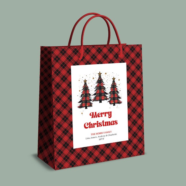 Sac Cadeau Moyen Modern buffalo plaid Christmas tree gift bag name (Modern buffalo plaid Christmas tree gift bag name)