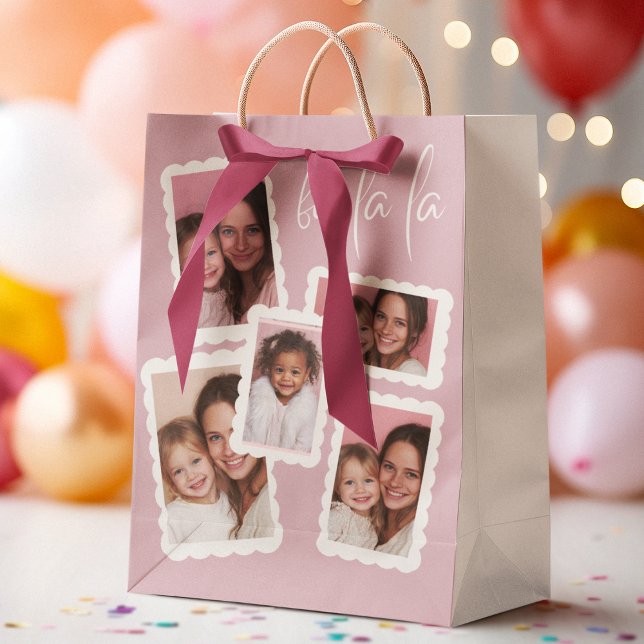 Sac Cadeau Moyen Modern Pink “Fa La La” Multi Photo Christmas Gift  (Créateur téléchargé)
