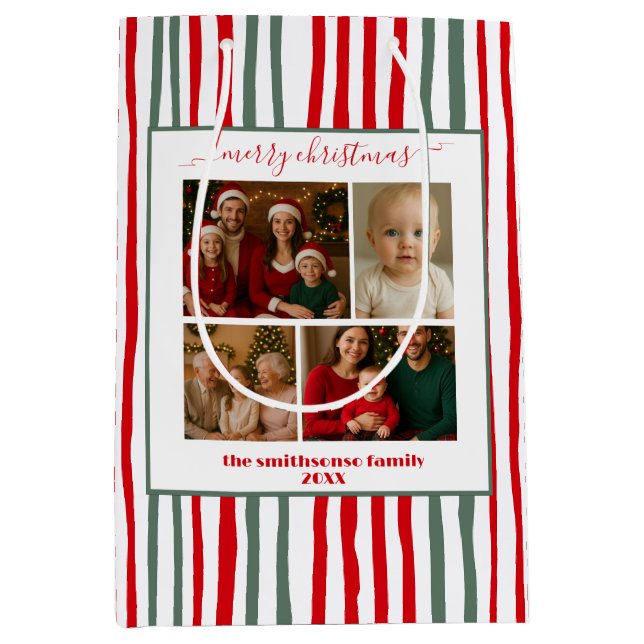Sac Cadeau Moyen Modern Stripes family Photo merry Christmas (Devant)