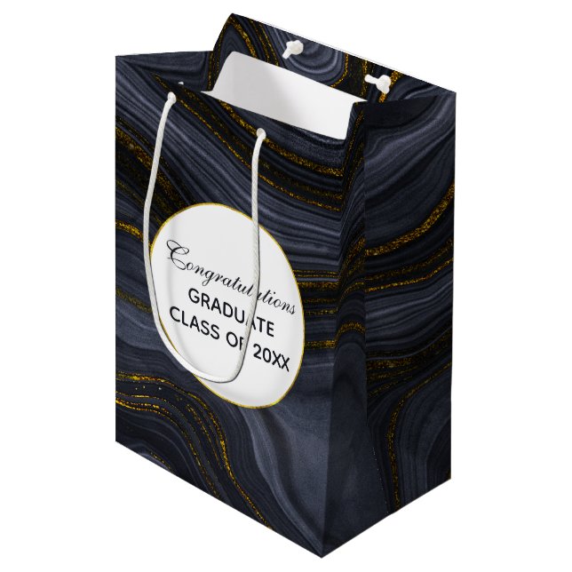 Sac Cadeau Moyen Moderne Black & Gold Agate Pierre Abstraite Gradua (Devant Angle)