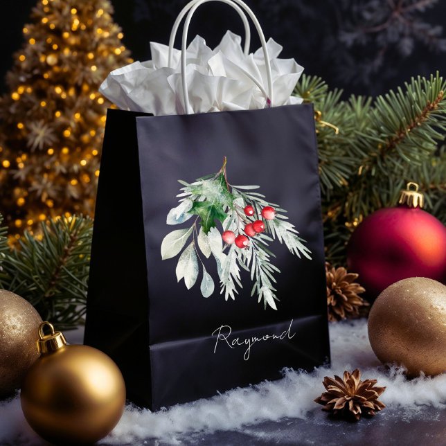 Sac Cadeau Moyen Moderne Nom Aquarelle Script Joyeux Noël (Créateur téléchargé)