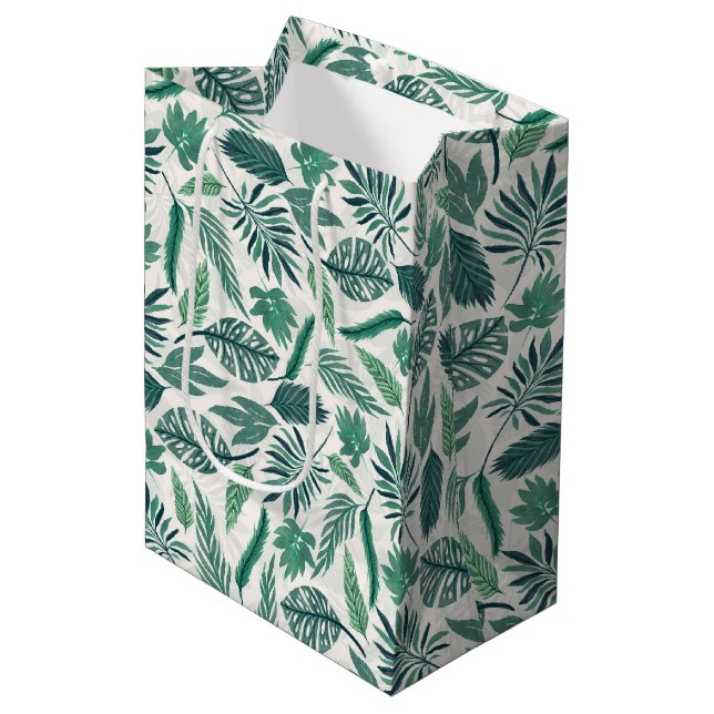 Sac Cadeau Moyen Moderne Vert Turquoise Tropical Feuilles Design (Devant Angle)