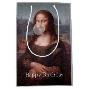 Sac Cadeau Moyen Mona Lisa soufflant la gomme Joyeux anniversaire