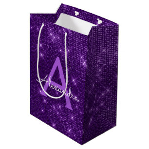 Sac Cadeau Moyen Monogramme à étincelles violettes - Ajoutez Votre