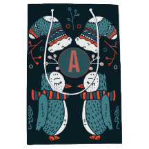 Monogramme Art folklorique Noël Chouettes bleues A