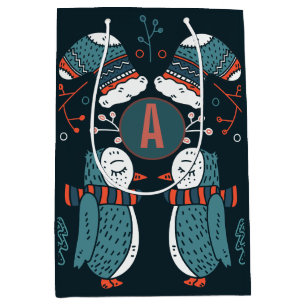 Sac Cadeau Moyen Monogramme Art folklorique Noël Chouettes bleues A