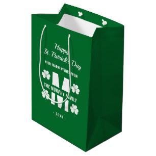 Sac Cadeau Moyen Monogramme blanc vert Nom de famille St. Patrick's