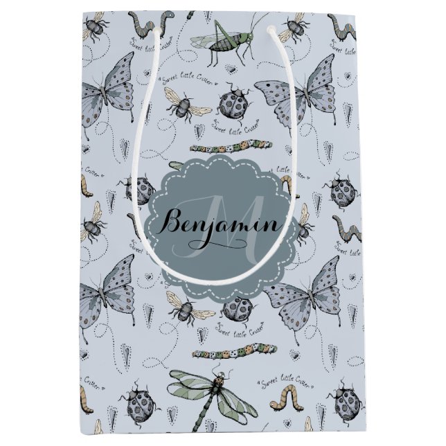 Sac Cadeau Moyen Monogramme Bleu Bugs et Insects Garçon Douche (Devant)