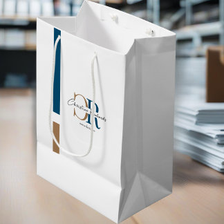 Sac Cadeau Moyen Monogramme d'or bleu simple