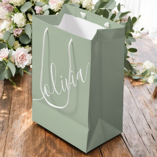 Sac Cadeau Moyen Monogramme Élégant Minimaliste Script Vert Sauge