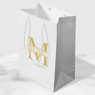 Sac Cadeau Moyen Monogramme et nom personnalisé blanc et or
