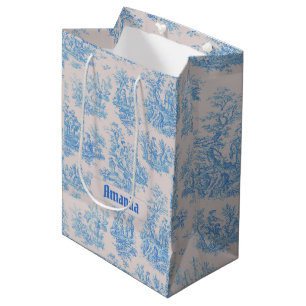 Sac Cadeau Moyen Monogramme Floral Toile Turquoise Bleu Vintage