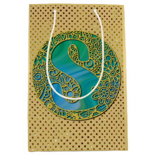 Sac Cadeau Moyen Monogramme Initial Moderne Lettre Dorée et Turquoi