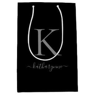 Sac Cadeau Moyen Monogramme minimaliste noir moderne en argent