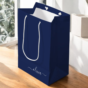 Sac Cadeau Moyen Monogramme moderne bleu marine et blanc