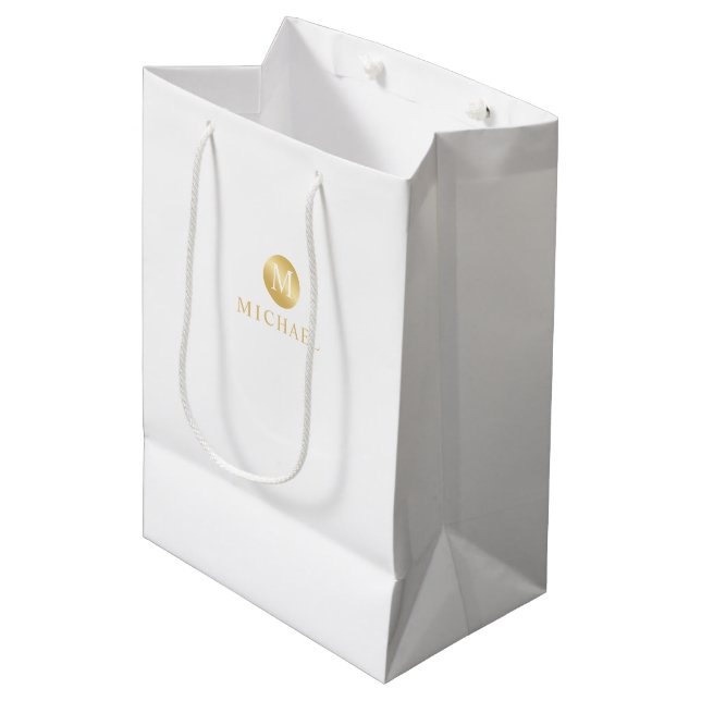 Sac Cadeau Moyen Monogramme personnalisé de luxe blanc et or (Devant Angle)