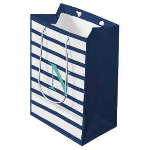Sac Cadeau Moyen Monogramme personnalisé en bandes bleues