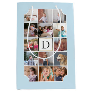 Sac Cadeau Moyen Monogramme photo coins courbes bleu clair