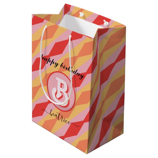 Sac Cadeau Moyen Monogramme Rétro Hippie Années 70 Rose Géométrique (Dos Angle)