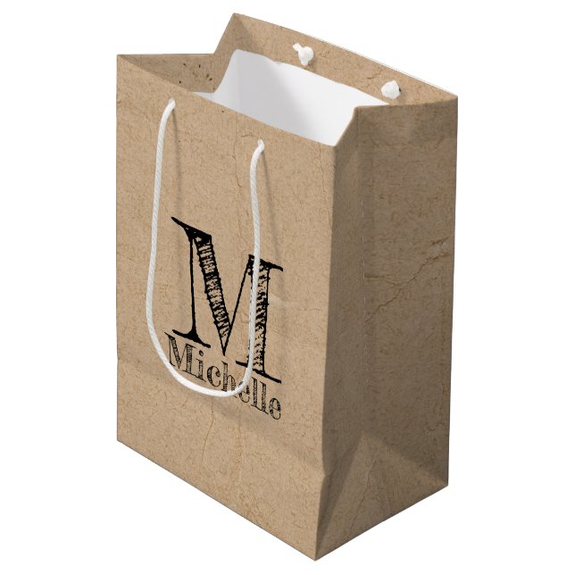 Sac Cadeau Moyen Monogramme Rustique Kraft papier Brown Look (Devant Angle)