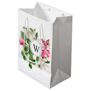 Sac Cadeau Moyen Monogramme vintage blanc et rose des fleurs de Mag