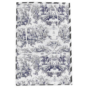 Sac Cadeau Moyen monogramme vintage floral noir toile de jouy