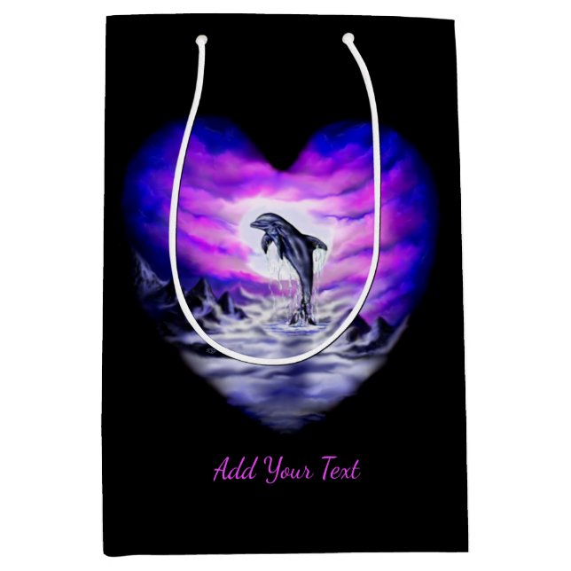 Sac Cadeau Moyen Moonlight Dolphin Heart, Ajouter Votre Texte (Devant)