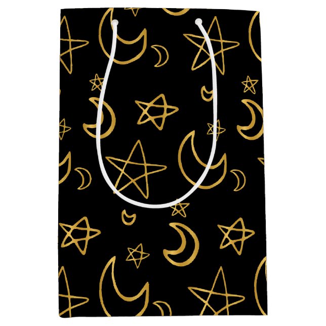 Sac Cadeau Moyen Moons et étoiles Motif or (Devant)