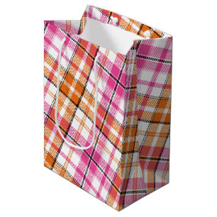 Sac Cadeau Moyen Motif à carreaux Tartan blanc rose orange