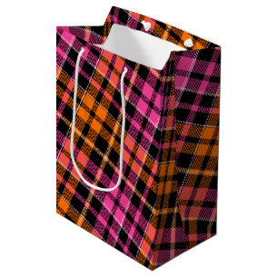 Sac Cadeau Moyen Motif à carreaux tartan noir rose orange