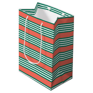 Sac Cadeau Moyen Motif à cinq bandes vert et blanc avec corail