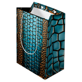 Sac Cadeau Moyen Motif à écailles de reptile turquoise, noir et or