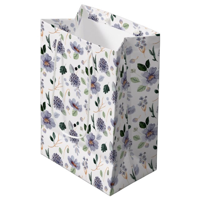 Sac Cadeau Moyen Motif aquarelle fleuri pourpre (Devant Angle)