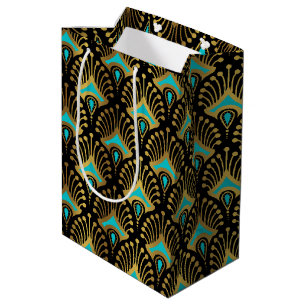 Sac Cadeau Moyen Motif Art déco or et bleu sur noir
