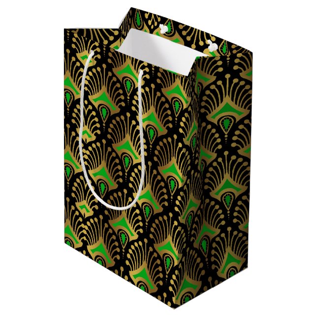 Sac Cadeau Moyen Motif Art déco or et vert sur noir (Dos Angle)