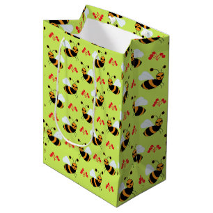 Sac Cadeau Moyen Motif Bees Honeybee Fleurs rouges