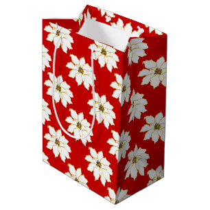 Sac Cadeau Moyen Motif blanc rouge or Poinsettia