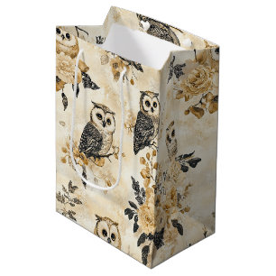 Sac Cadeau Moyen Motif botanique de hibou beige vintage de la forêt