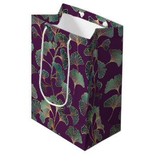 Sac Cadeau Moyen Motif botanique japonais Ginkgo or pourpre