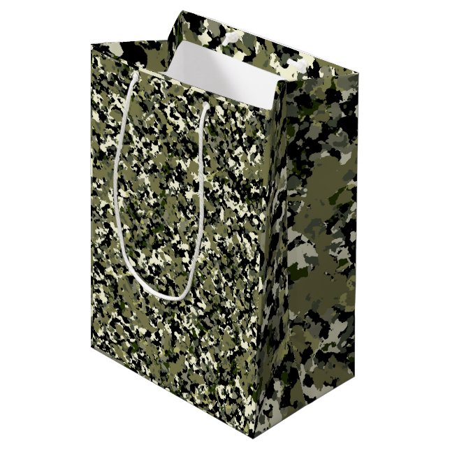 Sac Cadeau Moyen Motif camouflage crème noir vert Fête (Devant Angle)