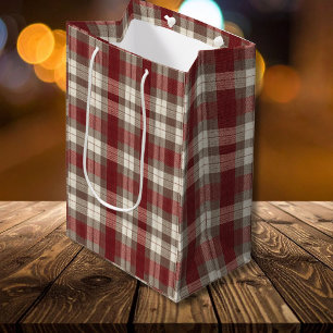 Sac Cadeau Moyen Motif carreaux classique ivoire marron rouge rouil