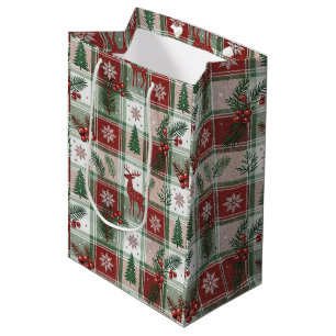 Sac Cadeau Moyen Motif carreaux et houx de Noël classique vintage
