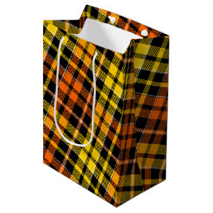 Sac Cadeau Moyen Motif carreaux tartan noir jaune orange