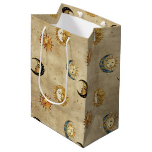 Sac Cadeau Moyen Motif Céleste Étoiles Lune Or Antique Cosmique