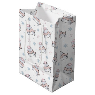 Sac Cadeau Moyen Motif Chat d'hiver mignon avec Écharpes et Flocon 