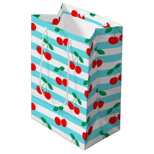 Sac Cadeau Moyen Motif Cherry Stripe - Retro Fruit Cadeau & Décor (Devant Angle)