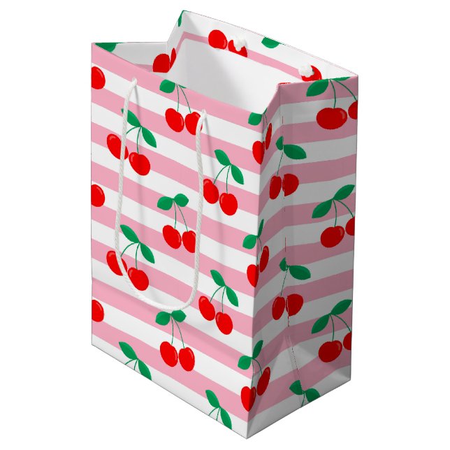 Sac Cadeau Moyen Motif Cherry Stripe - Retro Fruit Cadeau & Décor (Devant Angle)