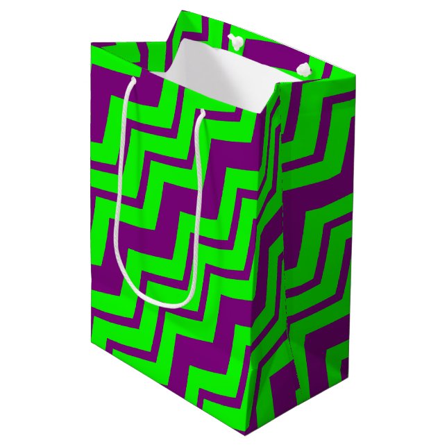 Sac Cadeau Moyen Motif chevron zigzag vert violet  (Devant Angle)