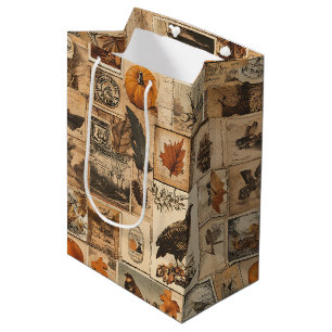 Sac Cadeau Moyen Motif Collage d'automne vintage Ephémère rustiqu