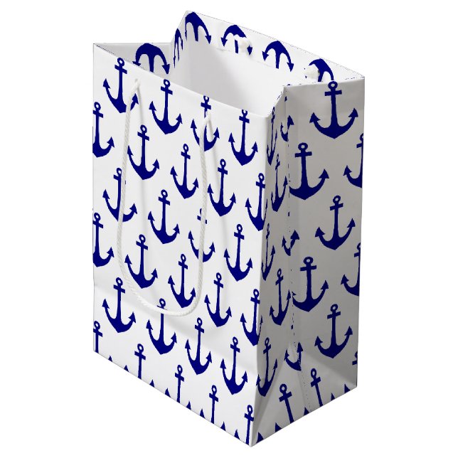 Sac Cadeau Moyen Motif d'Ancres nautiques bleu marine (Devant Angle)